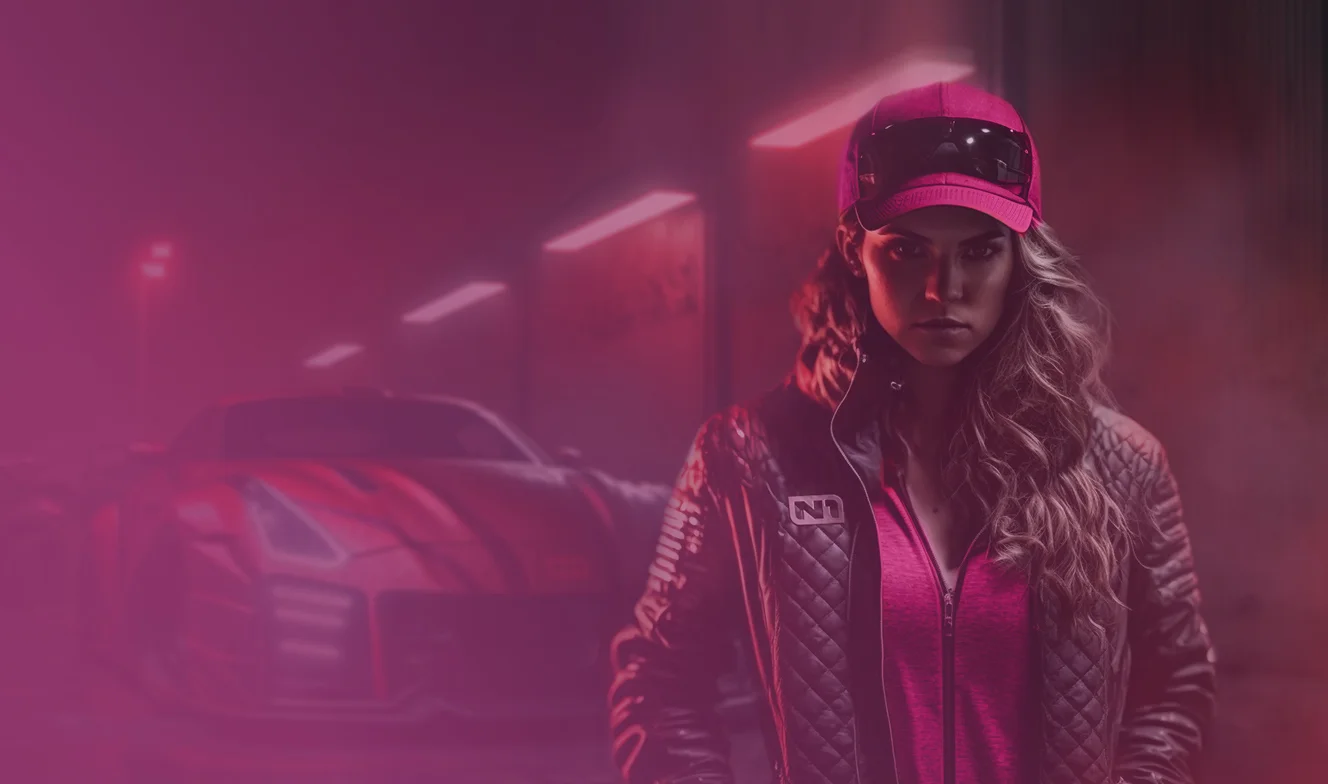 Woman in a pink cap and quilted N1 jacket standing in front of a red sports car
